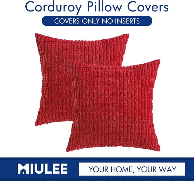 MIULEE Corduroy Decorative Throw Pillow Covers 16x16 Red Pack of 2 | Soft Boho - Image 6