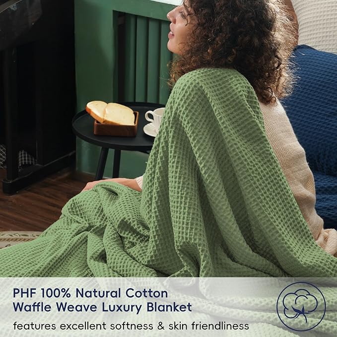 PHF 100% Cotton Waffle Weave Throw Blanket，Pre-Washed Snag Proof Lightweight Breathable Moisture-Wicking for Layering in Cold Weather for Couch Bed,Machine Washable,Home Decor Gift-Loden Green