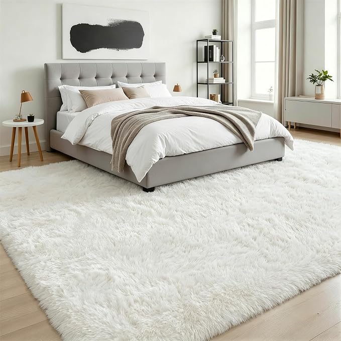 9x12 Area Rug Living Room Bedroom: Fluffy Plush Shag Carpet Ivory | - Image 3