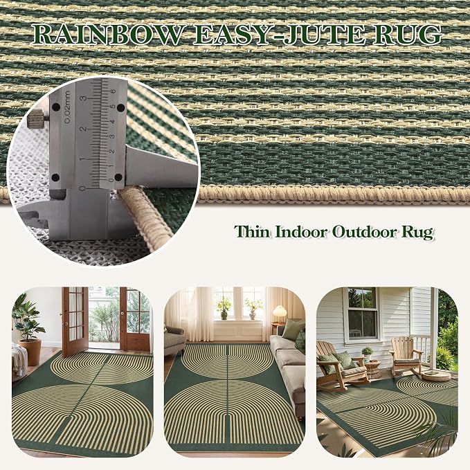 Lahome Rainbow Easy Jute Dark Green Rug, 5x7 Mid Century Modern Rug | Rugs - Image 3