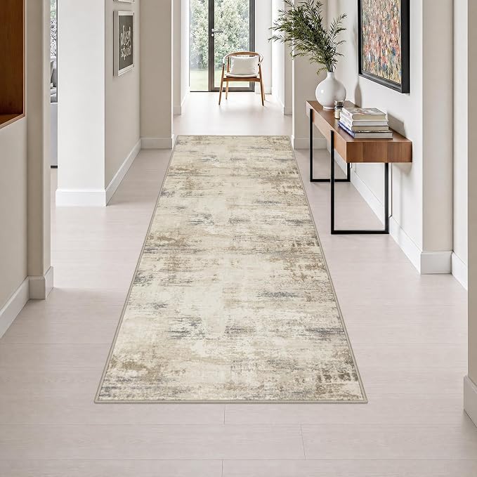 3x8 Washable Runner Rug：Modern Abstract Soft Carpet Beige Brown | by FXRHLP