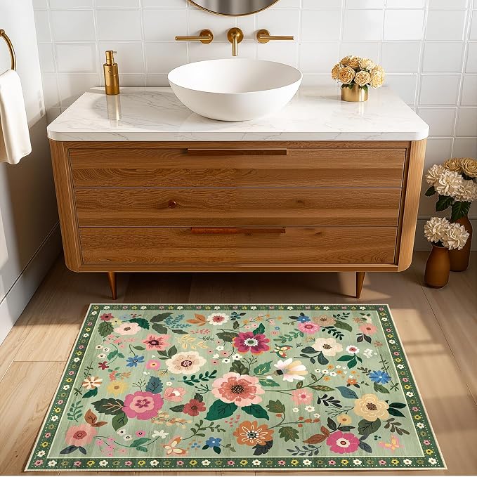 RELEANY Floral Washable 2x3 Area Rugs Doormat LightGreen | Flower Carpet Print - Image 2