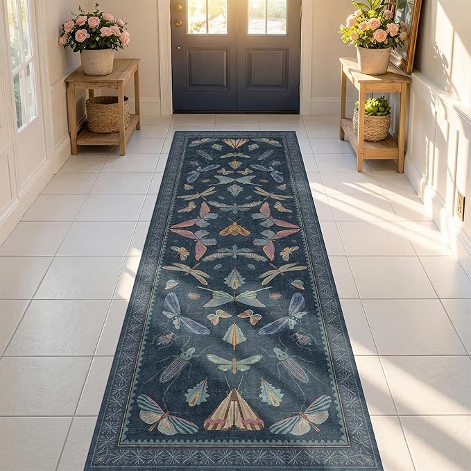 Vintage Dark Blue Insect Moth Runner Rug 3x8, Non Slip Washable Carpet - Image 6