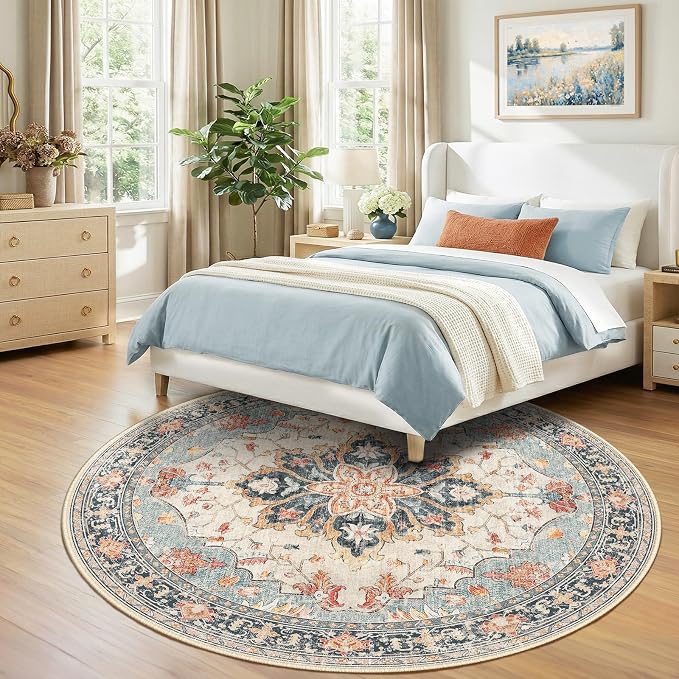 RELEANY Washable Area Rug, Round 8ft, Water Repellent, Pet Friendly, Vintage - Image 3