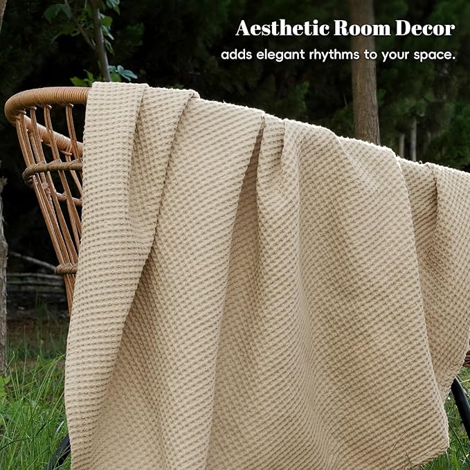 PHF 100% Cotton Waffle Weave Blanket King Size for Bed,Snag Proof Lightweight Breathable Throw for Couch,Great for Layering in Cold Weather,Machine Washable,Home Decor Gift-Khaki/Simply Taupe