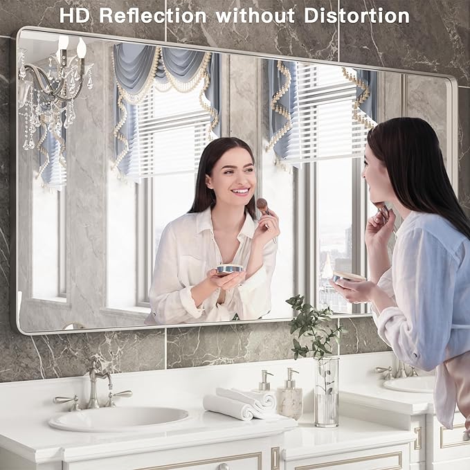 ISKM Silver Framed Mirror for Bathroom 55" x 36" Matte Bathroom Vanity Mirror Anti-Rust, Tempered Glass, Rounded Rectangle Mirror(Horizontal/Vertical)