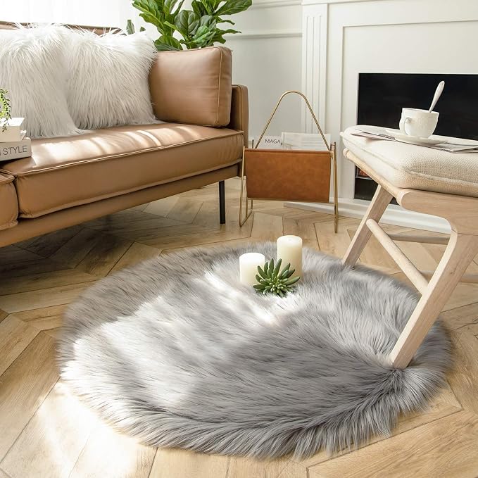Ashler Faux Fur Rug, Fluffy Shaggy Area Rug Ultra Soft 3 x 3 Feet Round Fur - Image 3