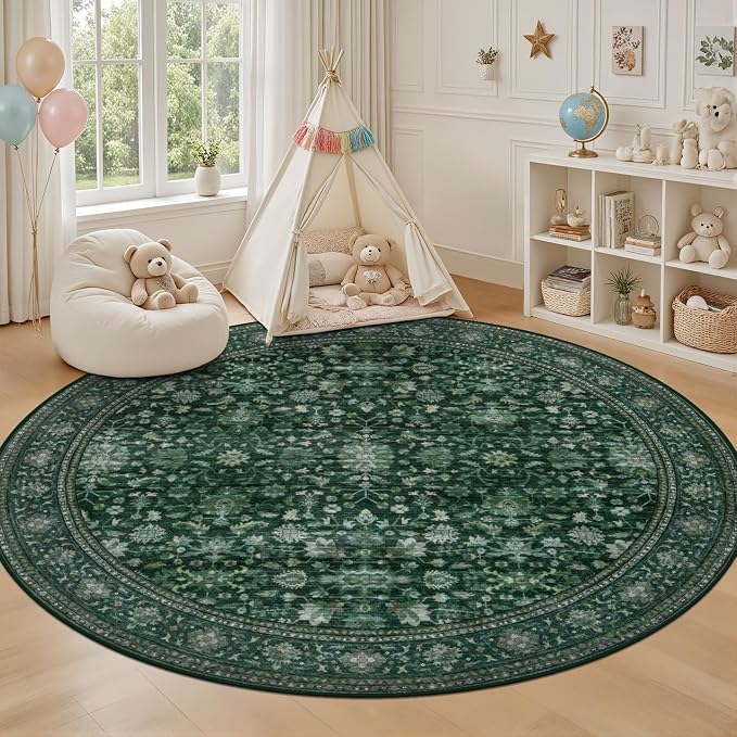 Round Area Rug for Living Room: 4ft Boho Washable Rug Deep Green | Vintage Boho - Image 5