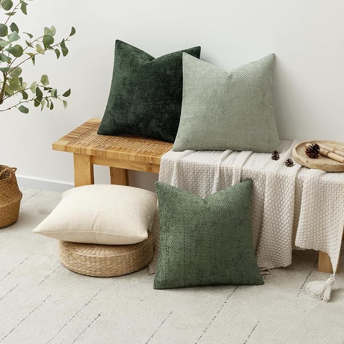 MIULEE Soft Decorative Chenille Euro Pillow Covers Green 22x22 Pack of 4 | - Image 4