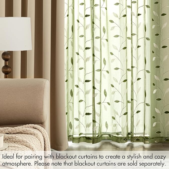 MIULEE Sage Green Sheer Curtains 2 Panels Leaf Patterned, W52 x L84 | - Image 7