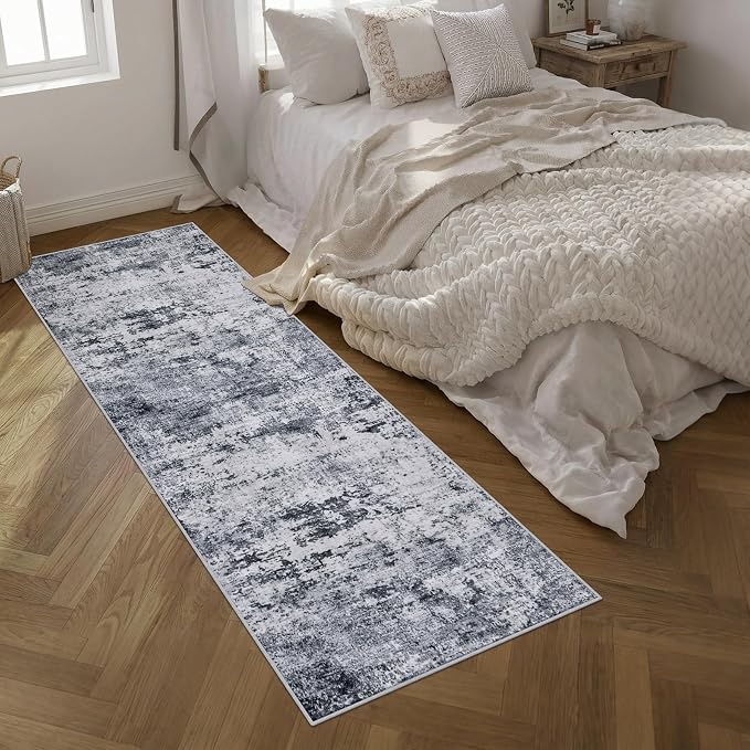 2.6x10 Washable Runner Rug:Modern Abstract Indoor Soft Carpet Grey | - Image 2