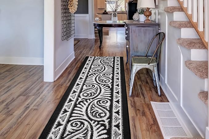 Custom Length Cut to Size Tribal Ethnic Southwestern Inspired Hallway Runner Rug, Non Slip Rubber Backed, 31 inch Wide X Customized Length, Mayan Black, 31 inch X 32 feet