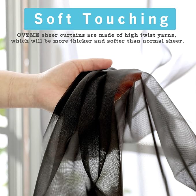 Black Sheer Curtains 36 inches Long, Short Kitchen Window Treatment Solid - Image 2