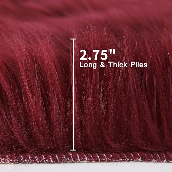 duduta Burgundy Faux Sheepskin Runner Rugs 2x6 ft, Fluffy Fur Couch Covers | - Image 2