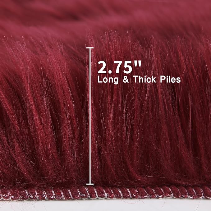 duduta Burgundy Faux Sheepskin Fur Rug 3x5 ft, Fluffy Carpet Rug | Shag Fuzzy - Image 2