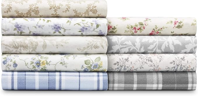 Laura Ashley - Flannel Sheets Queen Size, Anti-Pilling & Wrinkle Resistant Cotton, Touchably Soft for All-Season Comfort - Bed Sheets with Matching Pillowcases & Fitted Sheet (Crestwood Pastel Grey)