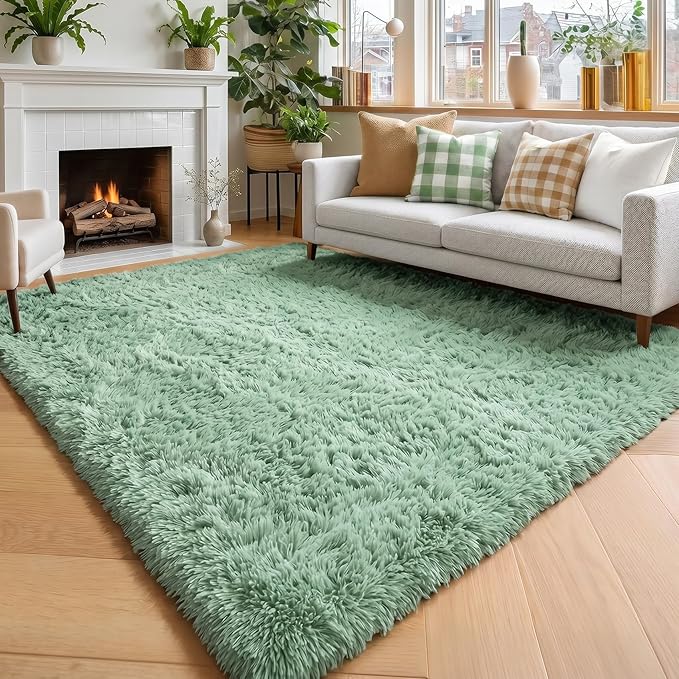 Amdrebio Sage Green Furry Area Rug 5x8 by Amdrebio