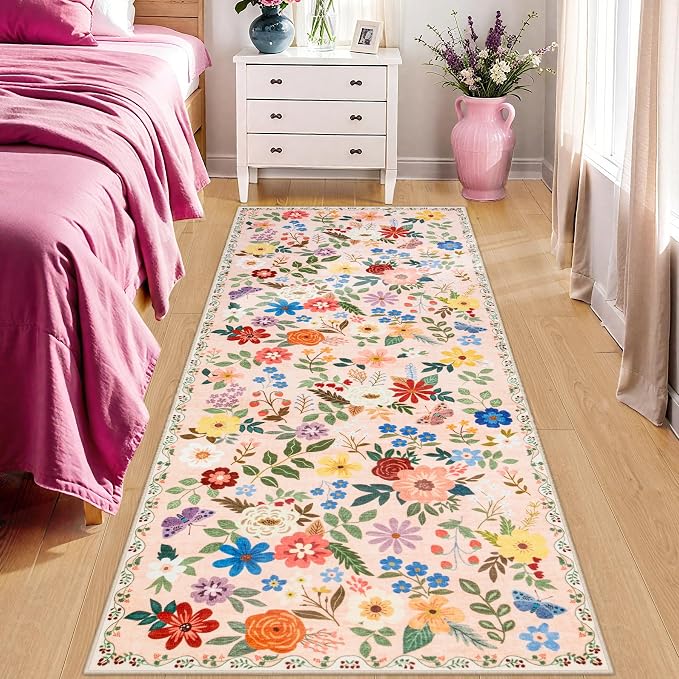 PLHXFR 2x6 Washable Runner Rug：Floral Indoor Kitchen Soft Carpet Beige | - Image 2