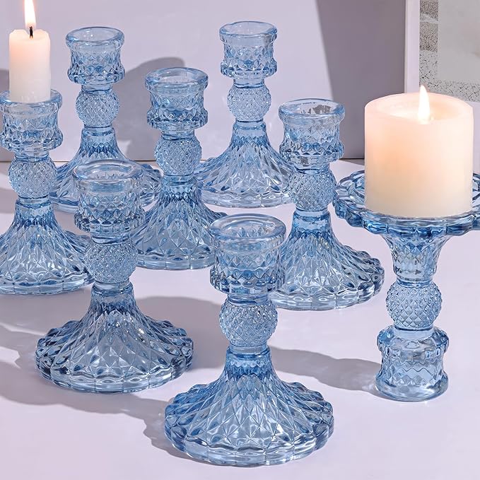 DARJEN 12Pcs 4" H Aqua Blue Candlestick Holders Set- Taper Candle Holders Bulk, Glass Candle Holders for Wedding, Party, Romantic Dinner Table Centerpieces, Festival Gifts & Windowsill Decor