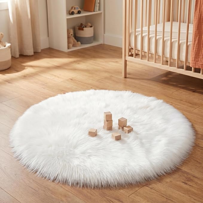 duduta White Faux Fur Sheepskin Round Rug 4x4 ft, Fluffy Shag Circle Rug | Shag - Image 5