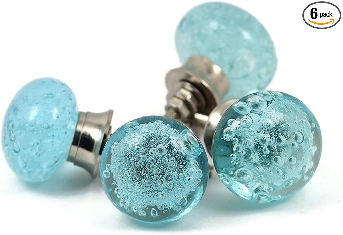 Handmade Bubble Glass Cabinet Knobs - Vintage Decorative, Trendy, Modern Design for Cabinets, Dressers & Furniture - Set of 6 (Blue)