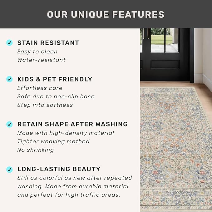 Vintage Washable Beige Blue 10x14 Rug - Image 8