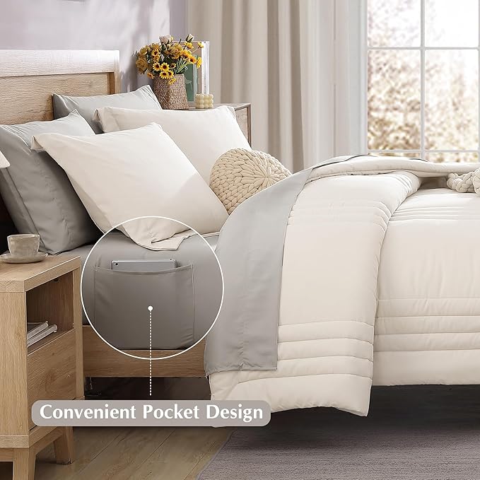 Monbix Full Comforter Set - 7 Pieces White Bed in a Bag Full Size Bedding Sets with Comforters, All Seasons Down Alternative Comforter with Sheets,Pillowcases & Shams