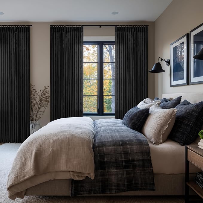 Linen Pleated Light Filtering Black Memory Shaped Curtains 108 Inches Long | - Image 8