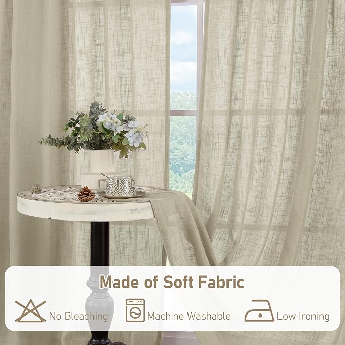 Oatmeal Linen Semi Sheer Curtains 63 Inch Length, Light Filtering Neutral Boho - Image 9
