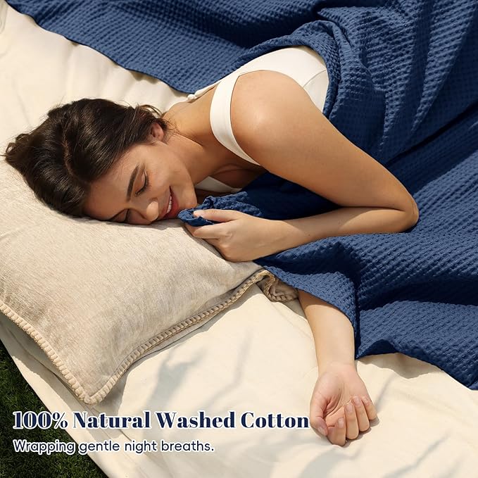 PHF 100% Cotton Waffle Weave Blanket Twin Size for Bed,Snag Proof Lightweight Breathable Throw for Couch,Machine Washable,Great for Layering in Cold Weather,Home Decor Gift-Navy Blue/Bright Blue