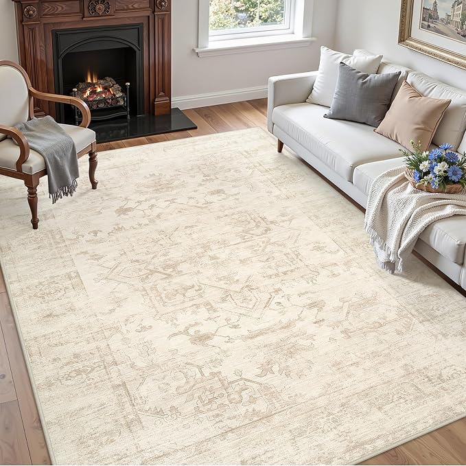4x6 Area Rugs Living Room: Bedroom Washable Carpet Beige/Brown | Large Vintage - Image 3