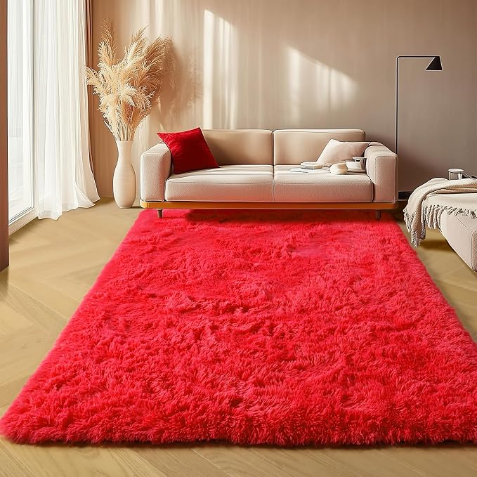 Red Rugs for Living Room Bedroom, 5x8 Fluffy Bedside Area Rug, Soft Plush by ONASAR