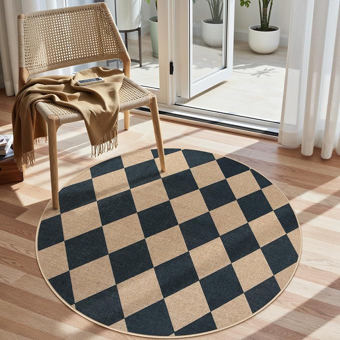 Lahome Checkered Easy Jute Round Rug 4ft, Outdoor Entryway Rug Washable | Black - Image 5