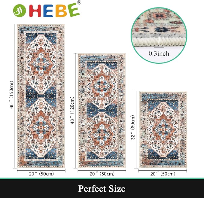 HEBE Boho Kitchen Rugs Set of 3, Non Slip Washable Kitchen Mats - Image 2