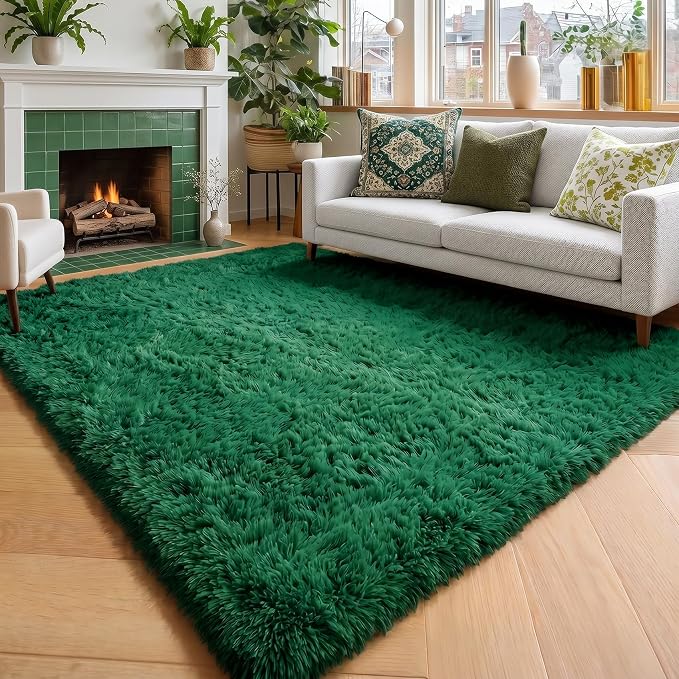 Amdrebio Dark Green Shaggy Area Rug 5x8 by Amdrebio