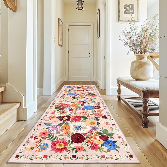 Blush Floral Hallway Runner Rug 3x7 by WelcometoBabovid