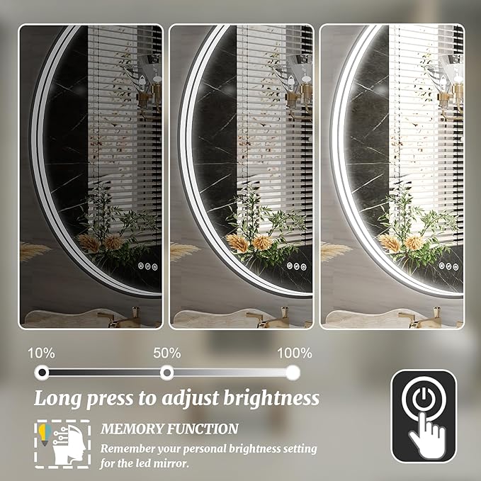 28 Inch Round LED Bathroom Mirror, Black Metal Framed Lighted Mirror for Bathroom, Wall Mouted LED Vanity Mirror with Lights, 3 Colors and Stepless Dimmable, Anti-Fog, Memory