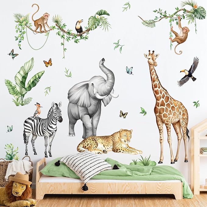Jungle Safari Animal Wall Decals for Kids Room - Wildlife Wall Stickers Giraffe Elephant Leopard Zebra Monkey Removable Vinyl Nursery Decor for Baby Toddlers Classroom Playroom Wall Decor