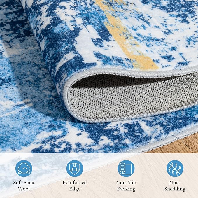 Rugflix 8x10 Area Rugs for Living Room, Washable Sky Blue Gold Large Rug | - Image 7