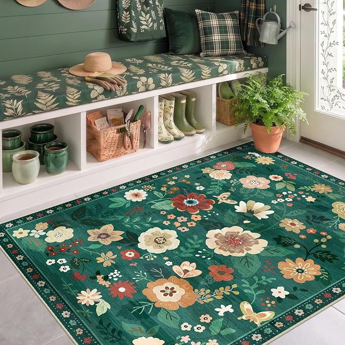 RELEANY Floral Washable 3x5 Area Rugs DarkGreen | Flower Carpet Print Boho Cute - Image 6
