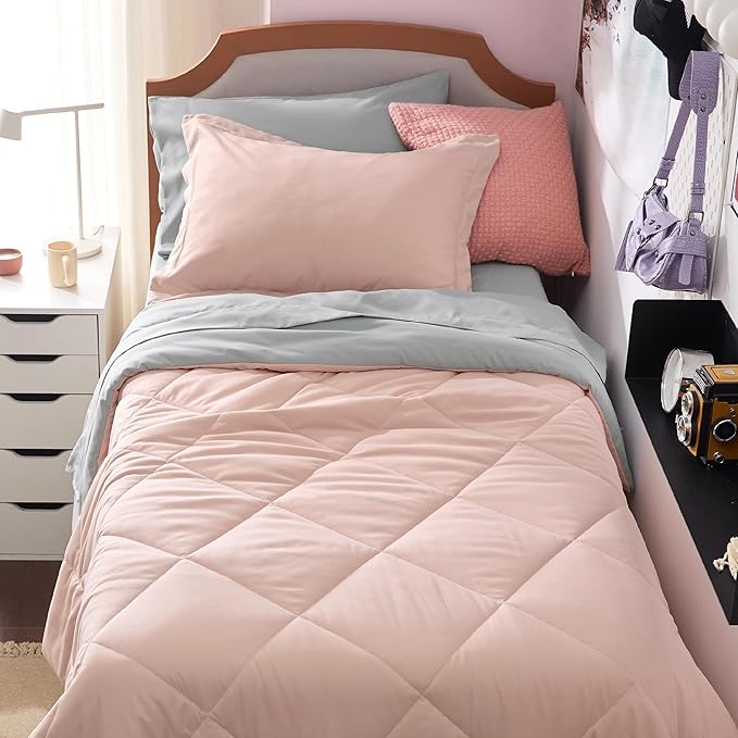 Bedsure Twin XL Comforter Set - 5 Pieces Reversible Blush Pink Bedding, Twin XL Size Bed Set for All Seasons, Bed in a Bag with Down Alternative Comforter, Sheets, Pillowcase & Sham