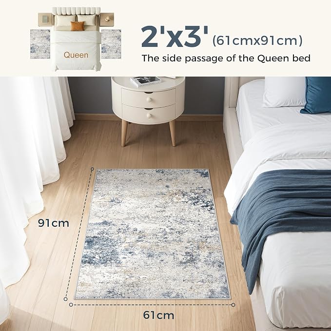 DMOYEST 2x3 Entryway Area Rug Washable Abstract Beige Blue Small Carpet | - Image 2