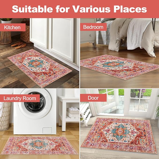 Yamaziot Washable Area Rug, 2x3 Small Boho Vintage Entryway Non-Slip Rug | - Image 6