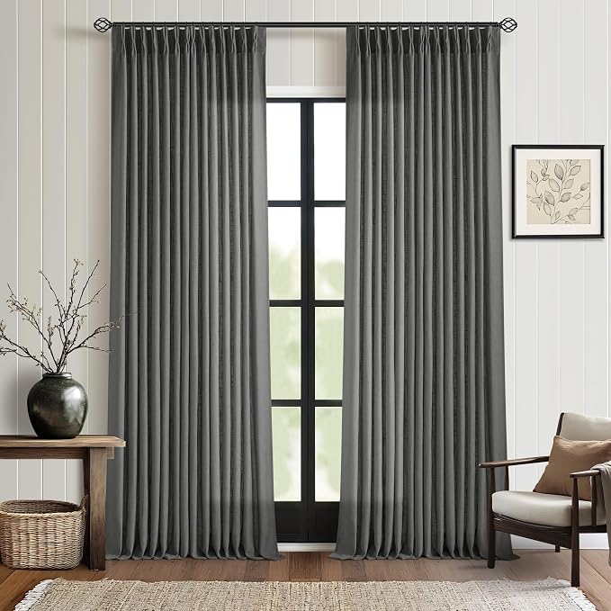 Dark Gray Linen Pinch Pleated Light Filter Curtains 102 Inches Long 2 Panels - Image 8