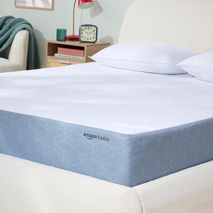 Amazon Basics Memory Foam Mattress, Medium Firm, Cooling Gel, Queen Size Mattress, CertiPUR-US® Certified Foam, 80 x 60 x 10 inches, White/Gray