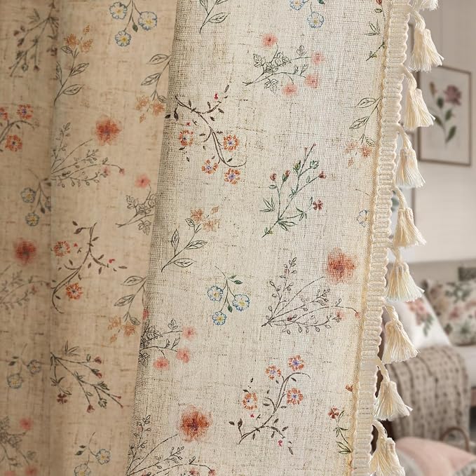 Boho Floral Light Filtering Curtains 84 Inch 2 Panels Linen Texture | Farmhouse by Unknown