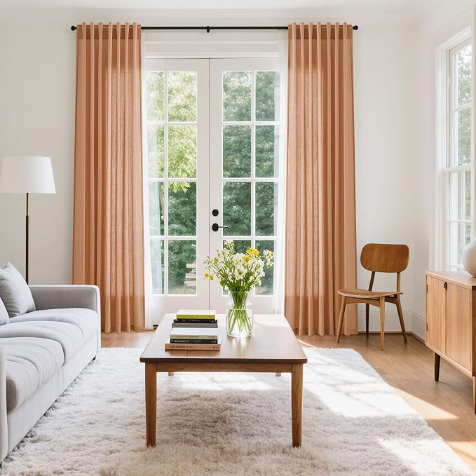 Peach Quartz Linen Curtains 108 Inch Length 2 Panel Set Back Tab Loop Pocket - Image 7