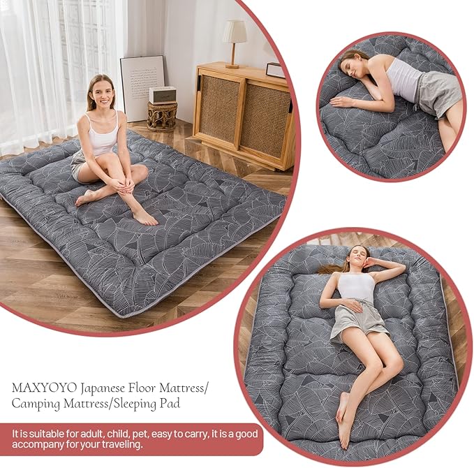 MAXYOYO Japanese Floor/Futon Mattress Thicken Sleeping Pad Roll Up Mattress Floor Lounger Bed Camping Mattress Guest Room Mattress Pad, Thick Soft and Comfortable, Black Leaf, Twin Size