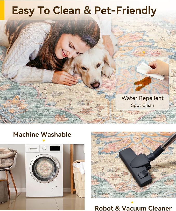 RELEANY Washable Area Rug, Round 8ft, Water Repellent, Pet Friendly, Vintage - Image 5