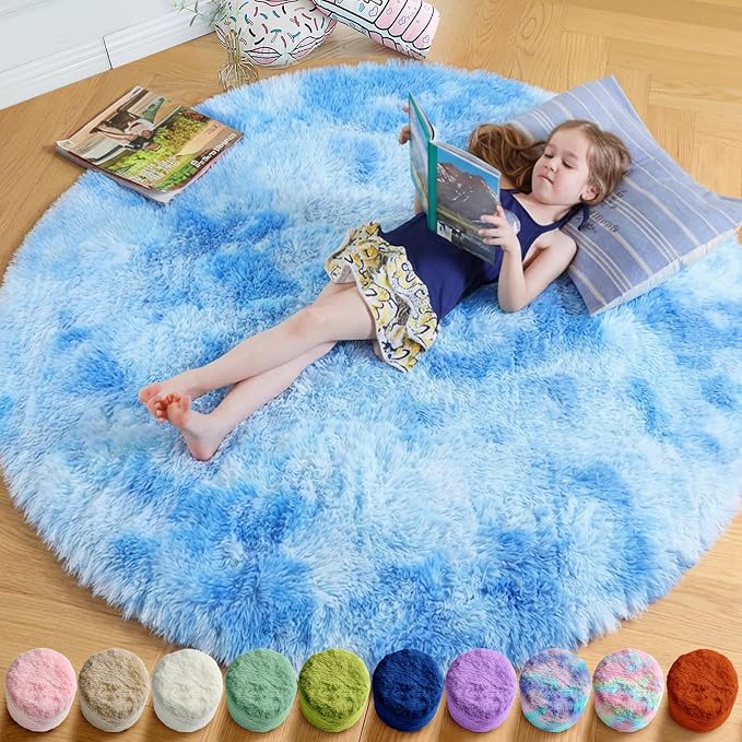 Amdrebio Tie-Dyed Light Blue Round Rug 4Ft by Amdrebio